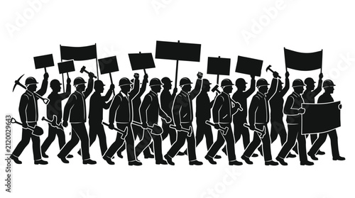 Canvas Print Silhouette of marching workers with tools and protest signs