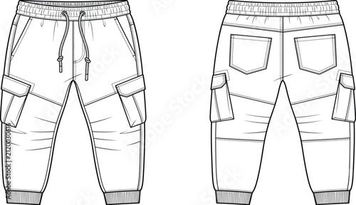 Cuadro en lienzo Technical flat sketch vector template of men cargo jogger pants front and back v