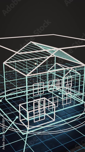 Transparent smart home framework rotates above a connected grid, exposing rooms and data routes in a precise cinematic 3D scene for real estate technology campaigns.