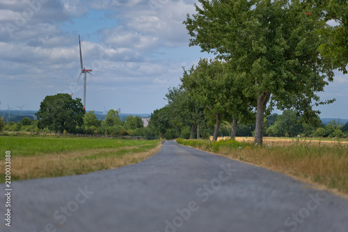 A country road stretches through fields, lined with trees, towards a distant wind turbine under a cloudy sky - Soest, Westphalia, Germany