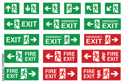 Принти на полотні Exit vector emergency exit sign and fire escape point with green arrows for safe