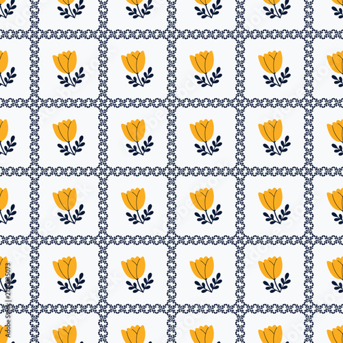 Seamless floral pattern with yellow tulips. Grid background with decorative botanical frames.