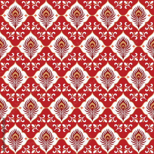 Peacock feather seamless pattern. Ornamental damask background with elegant floral motifs.