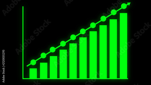 Data chart columns display green investment variables underneath a dotted trend line path. Contemporary business performance diagnostic dashboards incorporate this clean digital data chart.