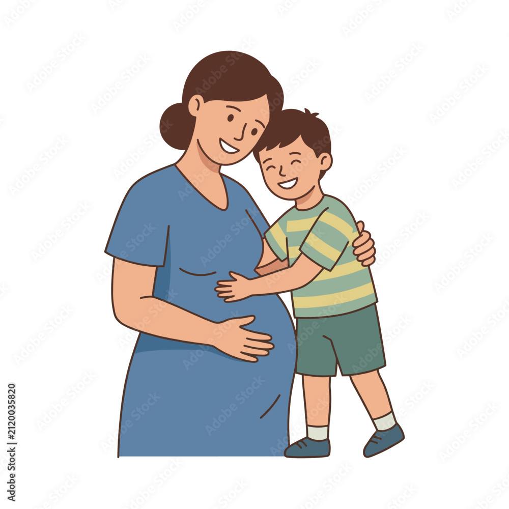 Fototapeta premium Pregnant mother hugging her young son