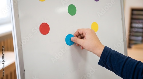 Hand placing paper dot on whiteboard. Business team planning and brainstorming.