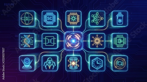 Futuristic Technology Network: A conceptual network of glowing digital icons represents advanced technological systems.