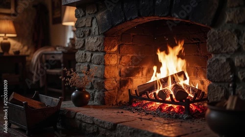 Cozy stone fireplace with warm burning logs in a rustic home interior