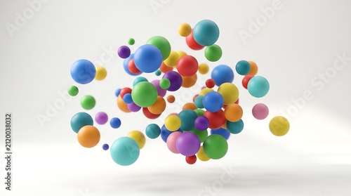 Abstract multicolored dots explosion. Dynamic digital art with vibrant spheres.