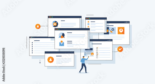 Busy user interface collage with multiple browser windows and a tiny person character managing digital content and online information tasks.