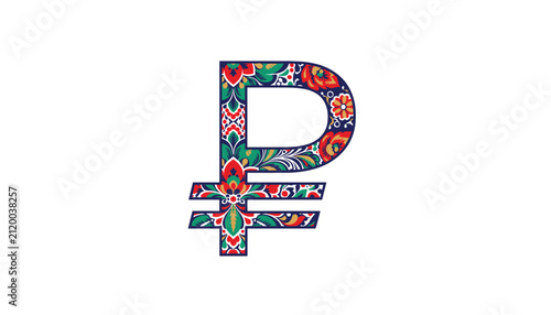 Russian ruble currency symbol decorated with traditional colorful floral ornaments, representing financial heritage and cultural economy.