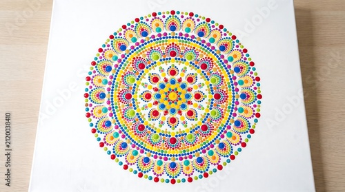 Colorful mandala with vibrant paint dots. Artistic geometric pattern for creative projects.