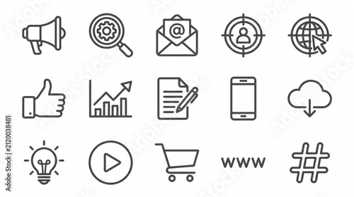 Online Marketing Icons: A collection of clean, modern line art icons representing various aspects of digital marketing, including social media, SEO, email, analytics, and e-commerce.