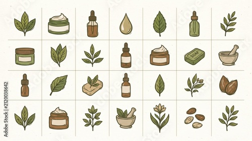 A collection of hand-drawn icons representing natural organic cosmetics, herbal skincare products, and botanical ingredients.