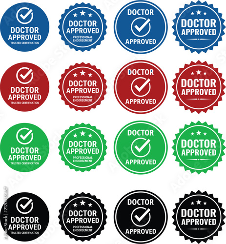 Collection of professional doctor approved certification badges in various colors and designs