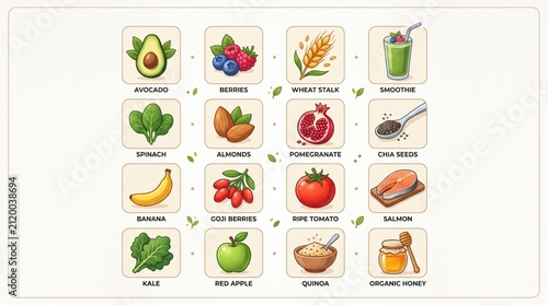 A grid of 16 healthy food icons including fruits, vegetables, grains, nuts, and a smoothie, illustrating a balanced diet.