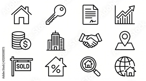 A collection of line art icons representing various aspects of real estate, property buying, selling, investment, and market trends.