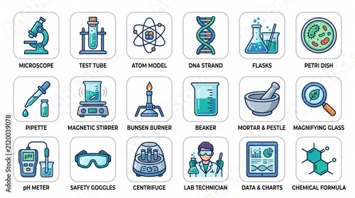 Collection of science laboratory equipment and tools for research, experiments, and analysis, including glassware, instruments, and safety gear.