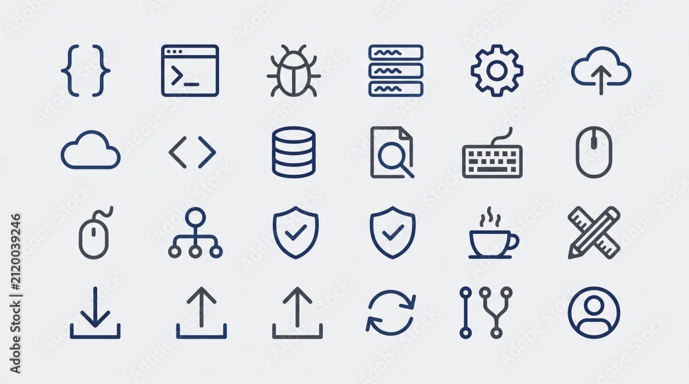 Fototapeta premium A comprehensive set of linear icons for software development, data management, and cloud services.