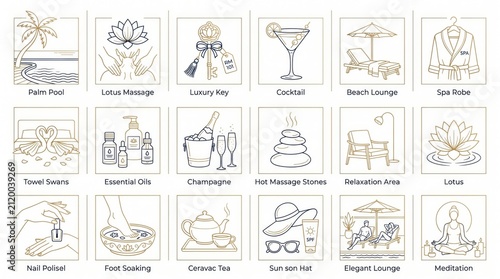 A collection of elegant line art icons depicting various luxury resort, spa, and relaxation experiences, including beach scenes, wellness treatments, and leisure activities.