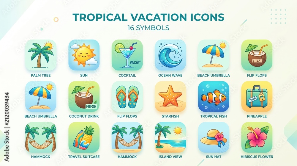 Fototapeta premium Set of 16 colorful tropical vacation icons including palm trees, sun, cocktails, beach umbrellas, flip-flops, and other summer holiday symbols.