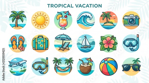 A vibrant collection of circular icons depicting various elements of a tropical vacation, including palm trees, sun, cocktails, beaches, and travel accessories.