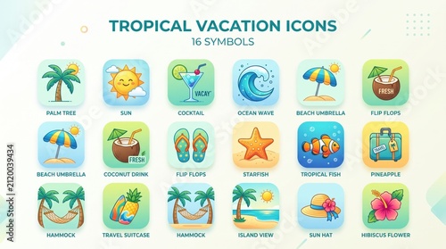 Set of 16 colorful tropical vacation icons including palm trees, sun, cocktails, beach umbrellas, flip-flops, and other summer holiday symbols.