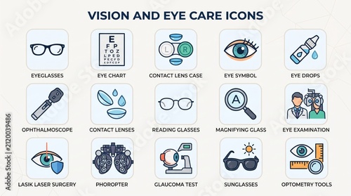 A comprehensive set of vision and eye care icons, illustrating various tools, procedures, and accessories related to ophthalmology and optometry.