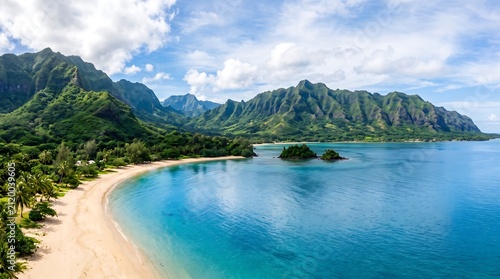 Scenic tropical coastline with mountains and clear blue water. Vibrant natural landscape for travel and adventure themes.