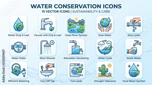 A collection of 15 vector icons illustrating various aspects of water conservation, sustainability, and eco-friendly practices, suitable for environmental awareness campaigns.
