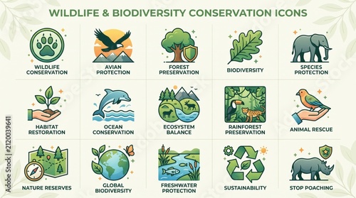 A comprehensive set of 15 flat design icons illustrating various aspects of wildlife and biodiversity conservation, including animal protection, habitat restoration, and environmental sustainability.