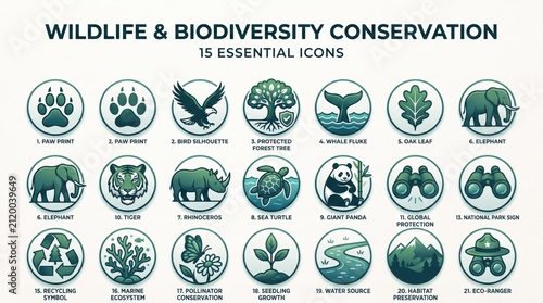 A collection of 15 essential icons representing wildlife and biodiversity conservation, featuring animals, plants, and environmental protection symbols.