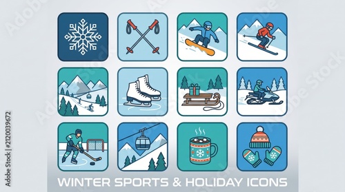 A collection of twelve flat design icons representing various winter sports, activities, and holiday elements like skiing, snowboarding, ice skating, and a snowflake.