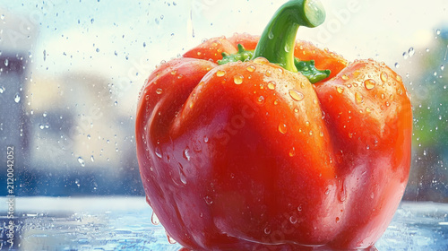 Vibrant red bell pepper glistens with fresh water droplets.