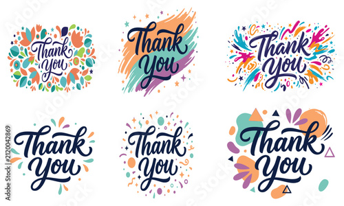 Collection of thank you greeting cards with colorful artistic graphic, lettering