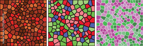Set of three colorful mosaic patterns with abstract geometric stained glass shapes in brown red green and pastel colors