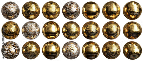 Multicolor mirrored spheres and geometric party ornaments collection set isolated