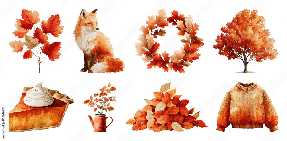 Fototapeta premium PNG Autumn-themed illustrations with fox, leaves, and pie, transparent background