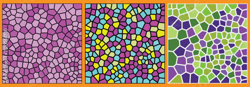 Set of three colorful mosaic patterns with abstract geometric shapes and stained glass style textures for modern creative design