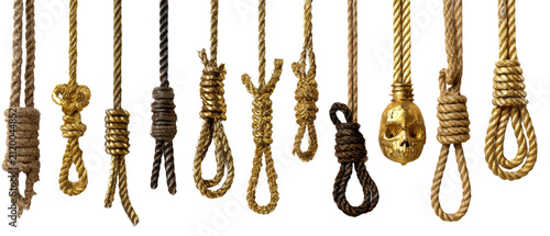 Horror noose collection set with old weathered ropes transparent background