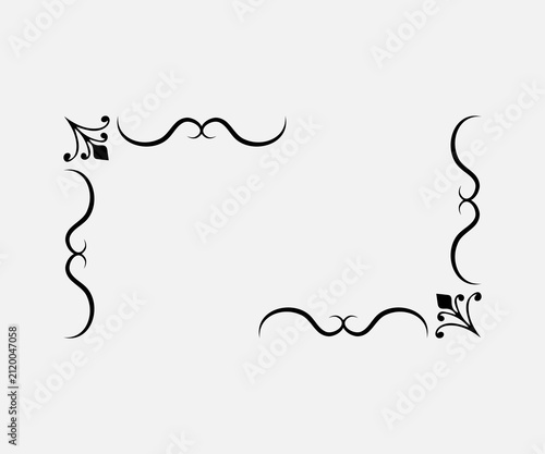 Vintage calligraphic frame with elegant black filigree corners and decorative flourish dividers isolated on light background. Victorian ornament for wedding invitations and certificate borders