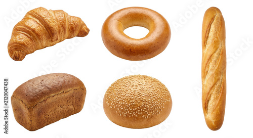 Collection of baked goods including croissant bagel baguette and buns isolated
