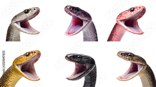 Snake heads collection with open mouths and fangs isolated set