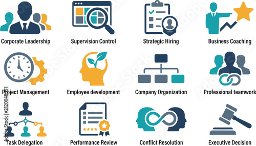 Flat corporate business management and leadership vector icons set featuring supervision control strategic hiring coaching teamwork project planning and conflict resolution