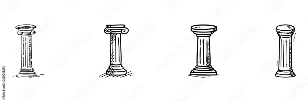 Obraz premium Classical Architectural Columns In Hand Drawn Style Set. Historical Structure Doodle Sketch Collection. Architectural Design Elements. Isolated Vector Illustration