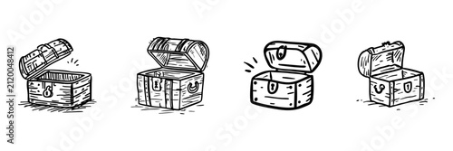 Treasure Chests In Hand Drawn Style Set. Adventure And Discovery Doodle Sketch Collection. Ideal For Pirate Themes And Treasure Hunt. Isolated Vector Illustration