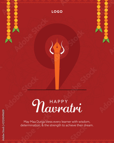 Happy Navratri Greeting Card with Illustration Goddess Durga Weapon of Trident and Hanging Flower Garland on Red Background for Indian Nine Nights Festival Spiritual Celebration.