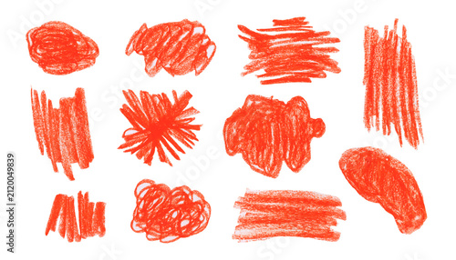 Abstract hand drawing bright orange red and crayon oil pastel textured squiggle blobs and shapes set. Abstract creative pencil hand drawn forms for banner design, texture frame background, sticker