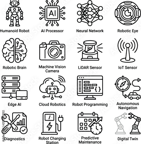 Smart forklift industrial pallet loading and warehouse transport line icons set vector