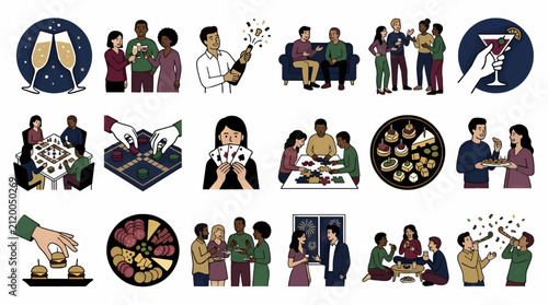 Diverse Group Celebrating New Year's Eve with Social Gatherings, Games, and Food Vector Icon Set